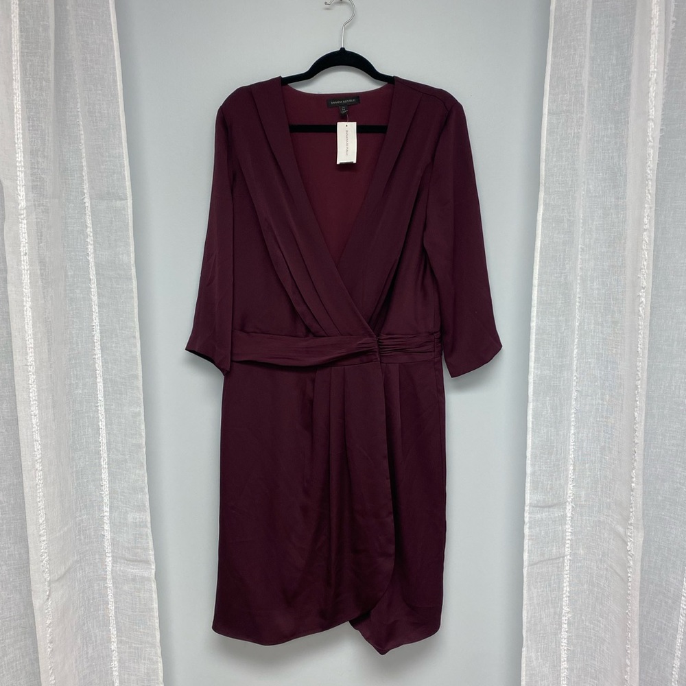 NWT Banana Republic Wine 3/4 Sleeve Ruched Wrap Dress 14 Tall